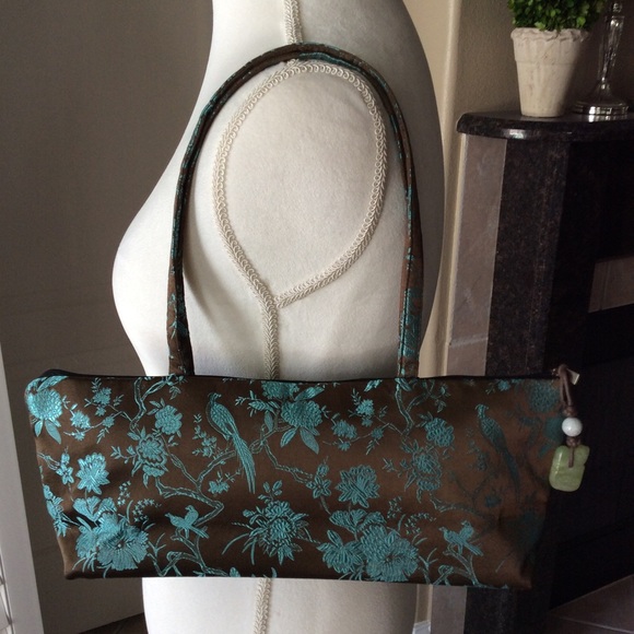 LAST 1! NEW 100% Silk Shoulder Purse Brown Aqua Birds Floral Big Sky Shanghai - Picture 6 of 8